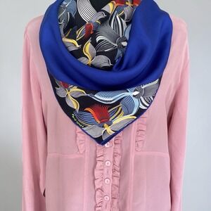 Fendi Silk Square Scarf 26" Abstract Floral Print Royal Blue